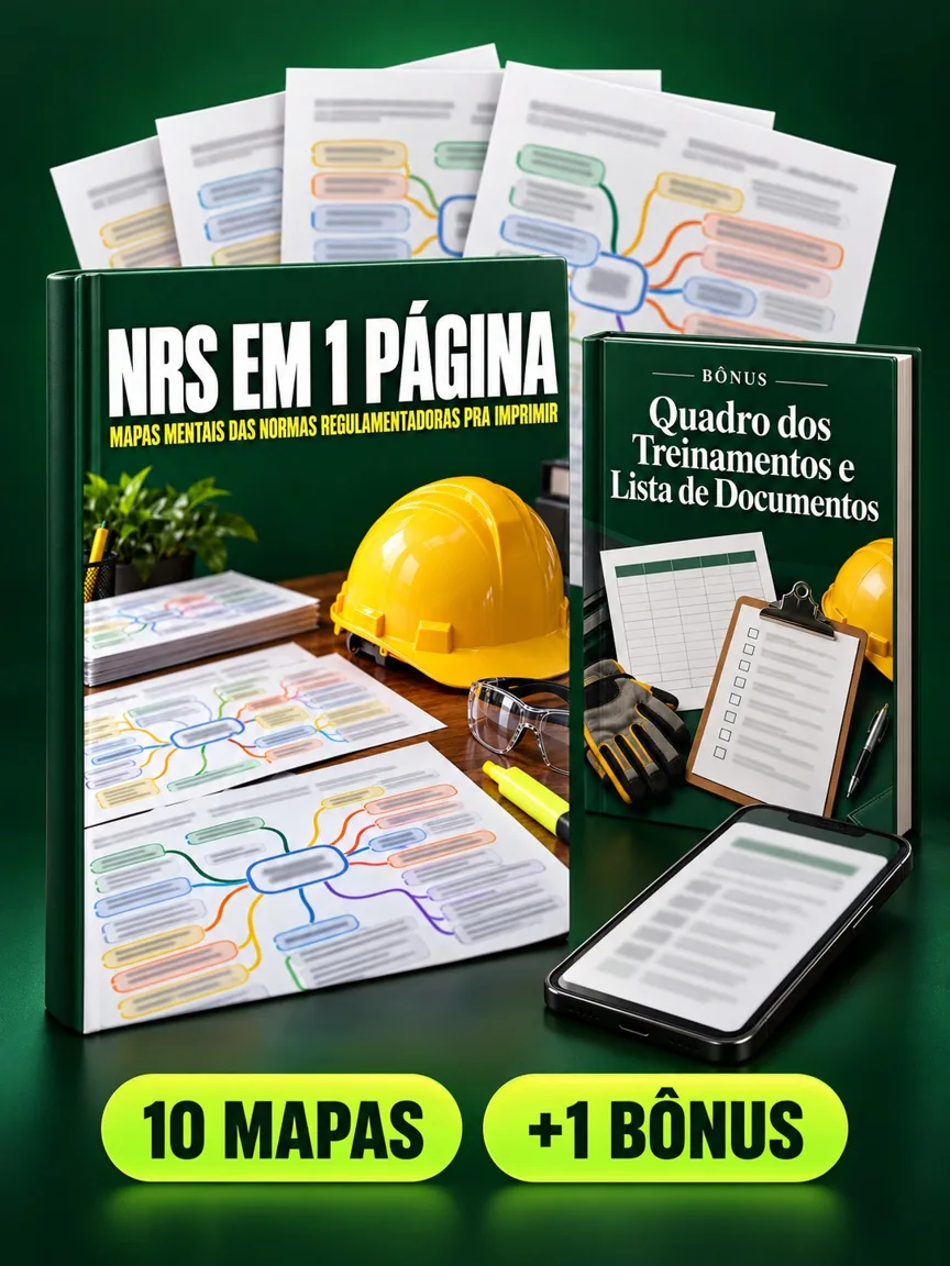 Montagem ilustrativa do NRs em 1 Página: livro com a capa, páginas do material e celular e capas dos bônus